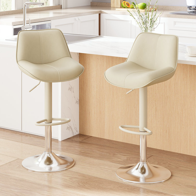 Modern Upholstered Faux Leather Swivel Adjustable Height Bar Stools Bar Stools with Footrest (Set of 2), Beige