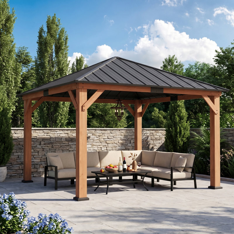 Hadley 12 Ft.X 12 Ft.Outdoor Patio Premium Cedar Wood Frame Gazebo With Galvanized Steel Hardtop Single Roof Pavilion