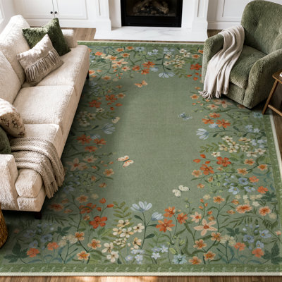 Floral Vintage Washable Green/Grey 8X10 Area Rug with Non Slip Backing - Low Pile Durable Carpet for Living Room, Bedroom, Dining Room or Office Decor