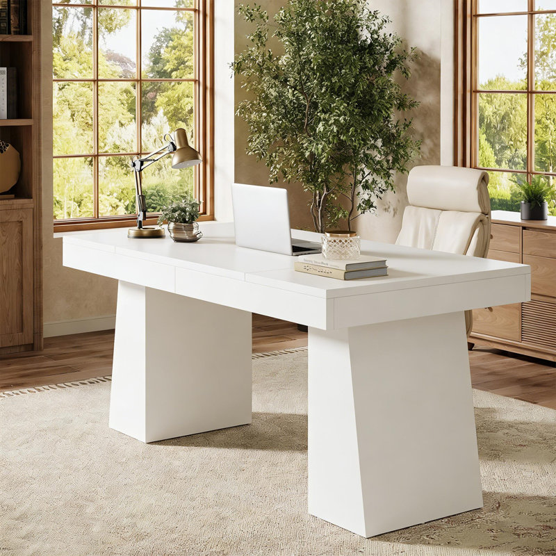 55" Home Office Desk with Double Pedestal, Simple Executive Desk, White