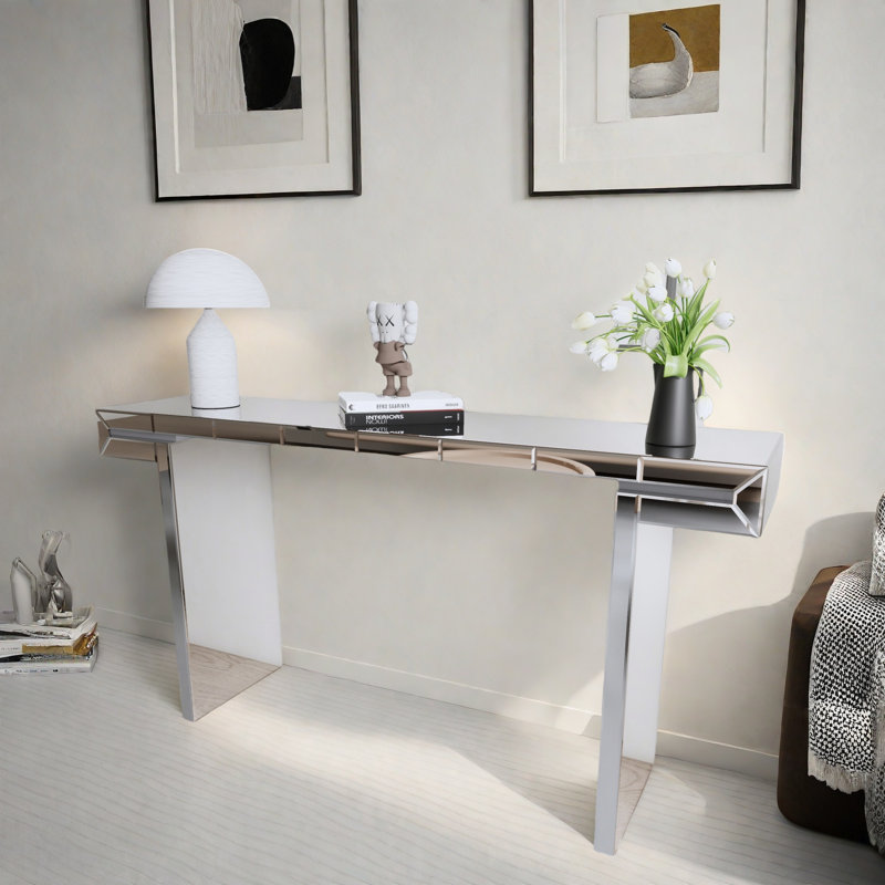 Luxury Full-length Mirror Console Table With Fluted Tempered Glass And Rounded Edge