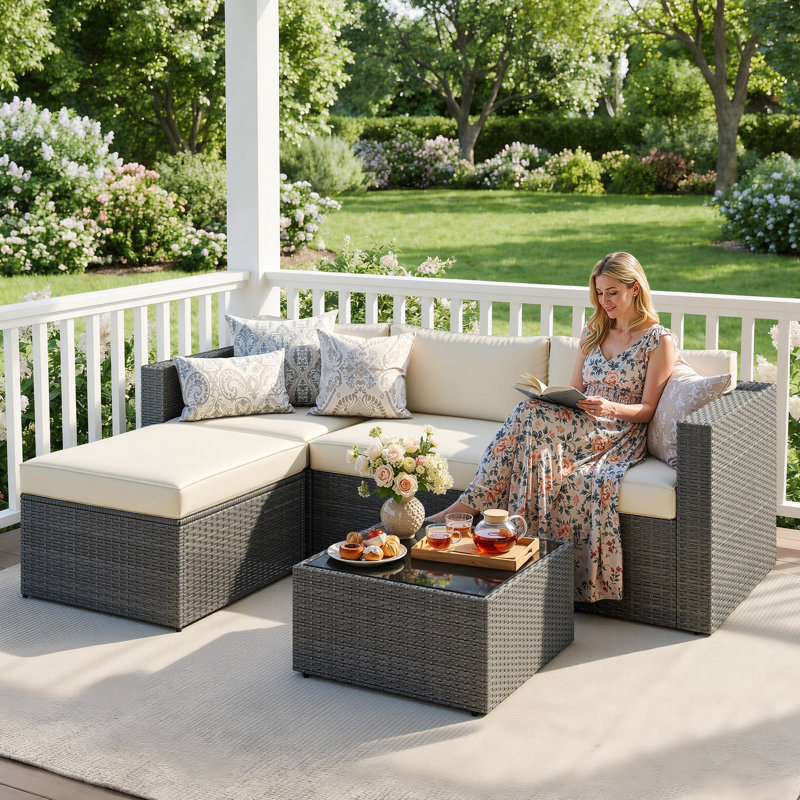 4 Person Sectional Seating Group with Cushions, Cream