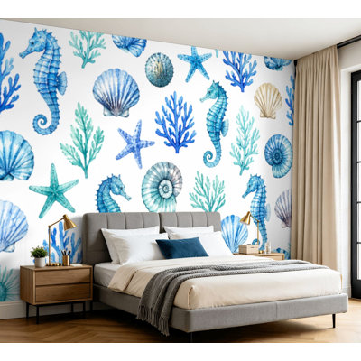 Wall Mural Peel and Stick Wallpaper sea watercolor style seashells corals starfish pearl seahorse for Self-Adhesive Removable Contact Paper Wall Decor for Living Room Bedroom 100"H x 144"W