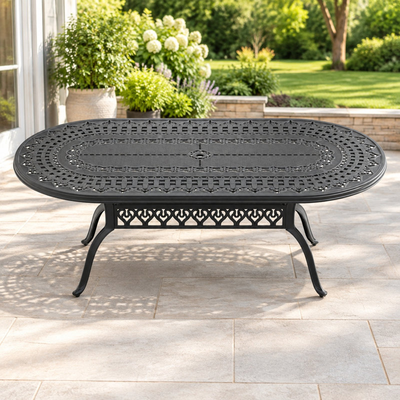 Table de salle à manger d'extérieur en aluminium coulé noir de 81,89 pouces avec trou pour parasol