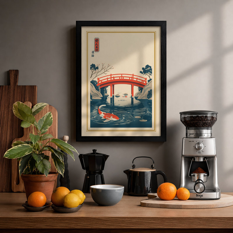 Red Bridge at Twilight Japandi - Framed Print, A1 - 84.1 x 59.4 cm, Black