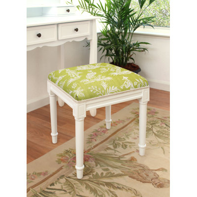 Camillia Jade Green Canton Garden Linen Upholstered Vanity Stool With Wood Stain Finish And Welting by Canora Grey