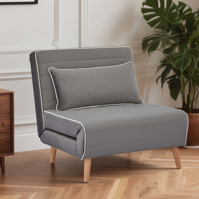 73" Velvet Foldable Sofa Bed with Solid Wood Legs, 3-Position Adjustable Back, Gray