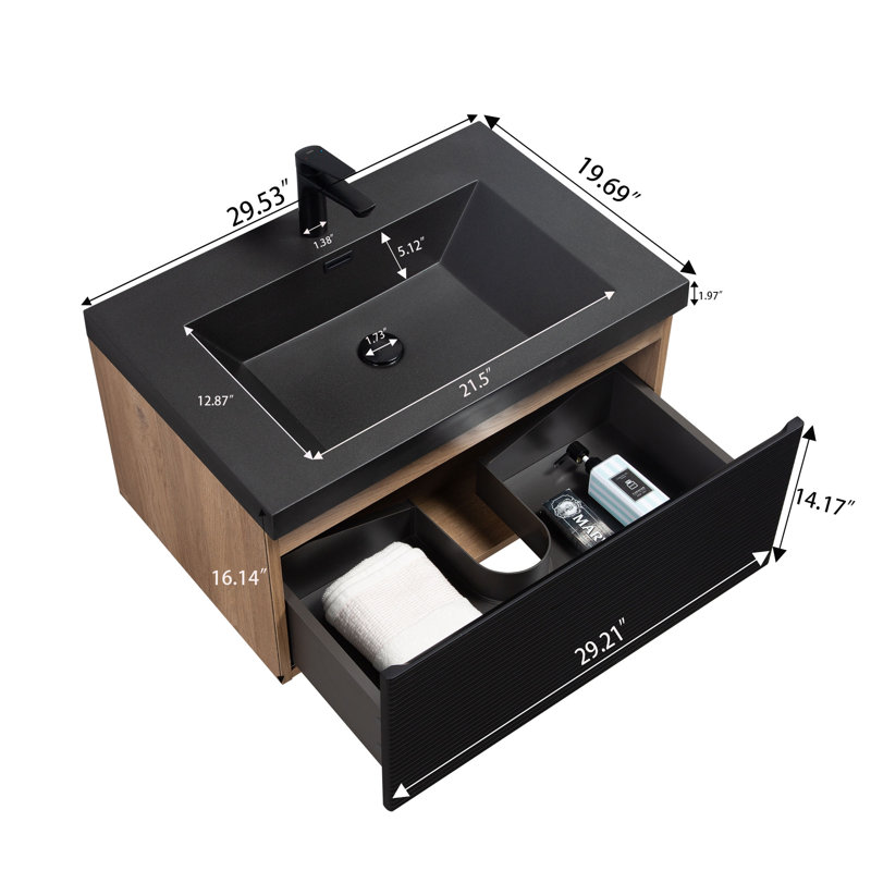 48 po Meuble-lavabo mural flottant avec chêne naturel et noir - pré-assemblé, 30"