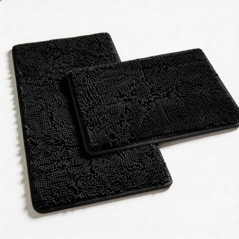 Ensemble de tapis de salle de bain en chenille épaisse 2 pièces, tapis de bain moelleux à séchage rapide avec envers en PVC antidérapant, noir