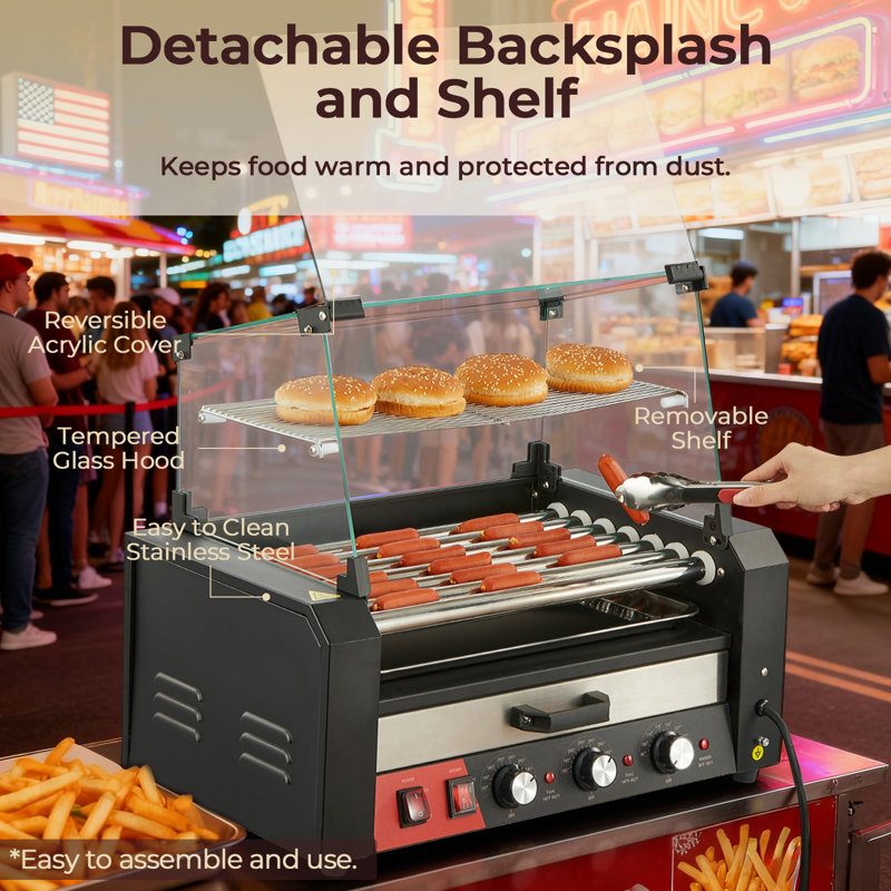 Rouleau de hot-dog avec chauffe-chignon et housse anti-poussière, machine à 7 rouleaux en acier inoxydable de 1250 W pour 18 à 24 hot-dogs, 3 réglages de température et ramasse-gouttes amovible