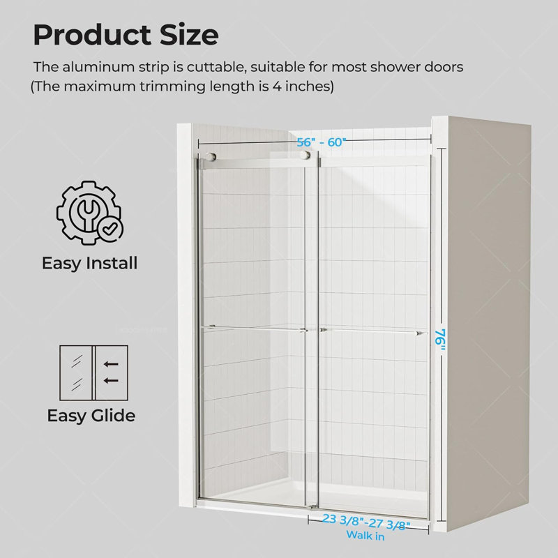 Porte de douche coulissante double sans cadre l 60 po x H 76 po avec verre trempé transparent de 5/16 po (8 mm)
