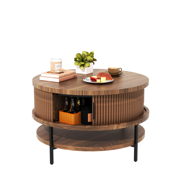 Table basse 31,5 po ronde avec plateau rabattable avec rangement, pièce maîtresse de style pour le salon, portes coulissantes et compartiment caché, 360 animaux de compagnie sécuritaires, structure en métal stable, grain de bois rustique, assemblage rapide de 31,5 po