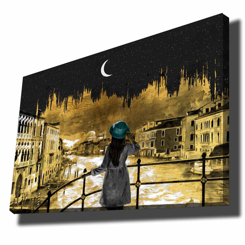 Superbe peinture décorative sur toile, 27,6 po x 39,4 po | 100% toile (épaisseur: 0,11 po) et cadre 100% bois de pin (épaisseur: 0,87 po) | Élégantes couleurs dorées, bleues, blanches et noires | Parfait pour la décoration intérieure et les murs de galerie