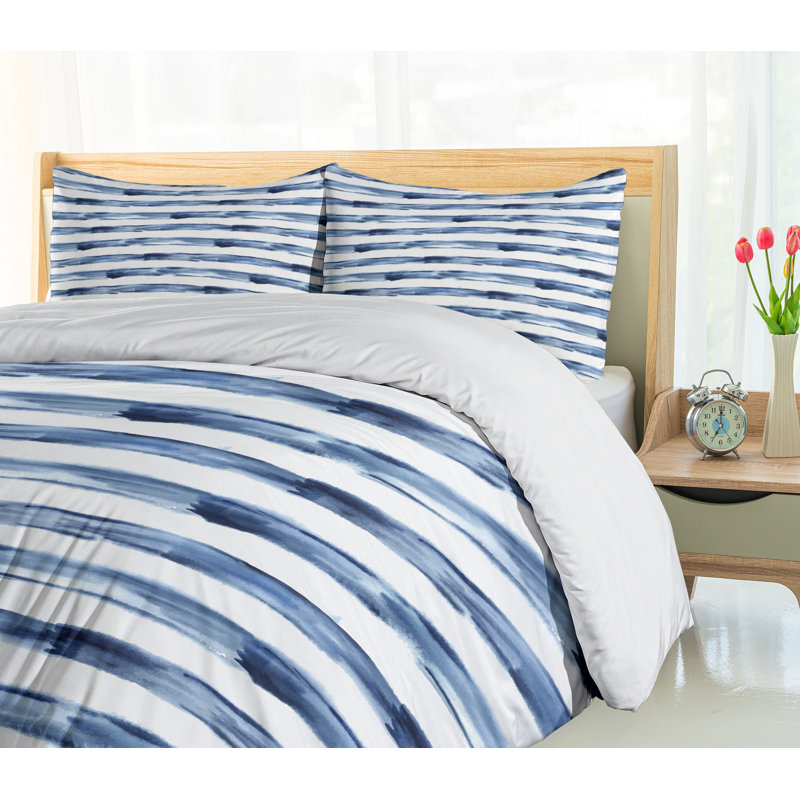 California King Night Blue and White Striped Duvet Cover Set