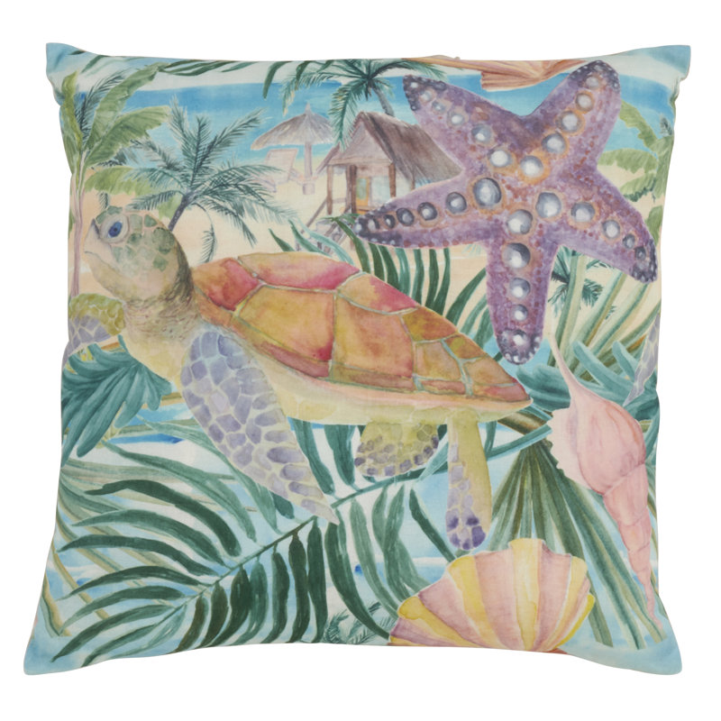 Medium Multicolor Coastal Turtle Print Decorative Pillow