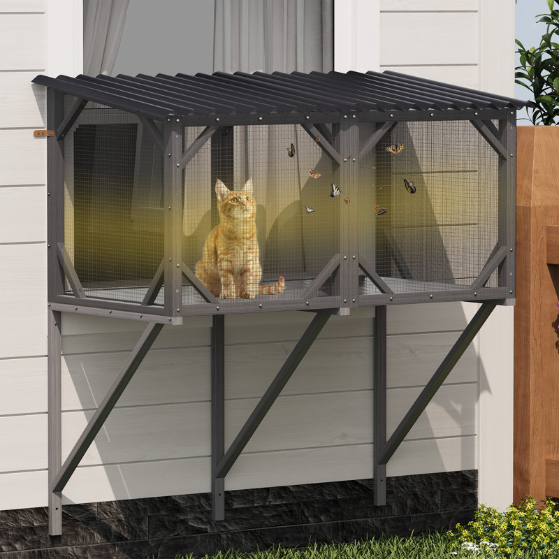 43.3" Solid Spruce Catio with Weatherproof Roof & 360° View, Window-Mounted for Indoor Cats, Grey