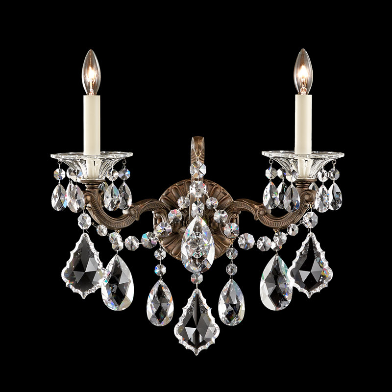 La Scala 2 Light 15in x 17in Wall Sconce with Round Backplate in Florentine Bronze with Clear Swarovski Crystals, Czech