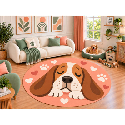 Tapis rond « Ultra fin » 1,83 m x 1,83 m, motif tête de chiot Basset Hound corail, mignon chien brun et blanc, cœurs et empreintes de pattes, décoration pour chambre d'enfant, dos en silicone antidérapant, poils courts.