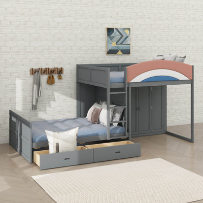 Full Size Bunk Bed With Integrated Closet & Hanging Bar, 2 Storage Drawers & Cushioned Safety Railing