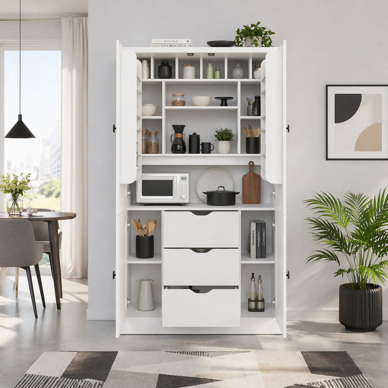 Armoire de cuisine sur pied de 42,3 po, poste de travail de rangement haut avec portes, tiroirs, tablettes réglables et porte-bouteilles