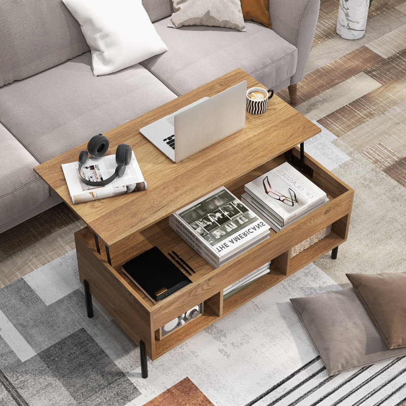 Lift Top Coffee Table with Metal Legs Rising Center Table with Hidden Compartment & 3 Open Cubbies