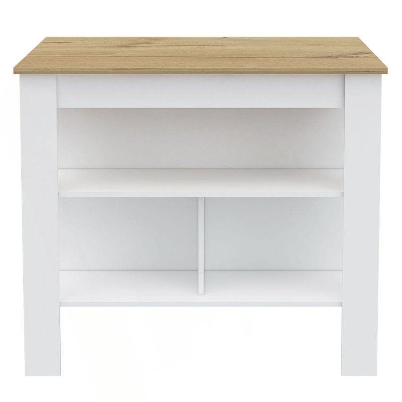 Kitchen Island, Kitchen Table 35" H, Four Legs, Three Open Storage  Shelves, Natural/White