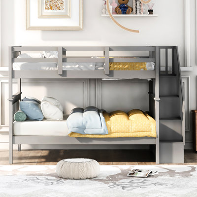 Gray Bunk Bed With Stairway Storage And Guard Rail. Bedroom, Dorm Essentials. Solid Wood Structure. Ample Capacity. Safe Stair Climb. Versatile Design Option. No Box Spring Required. 250Lbs Upper,
