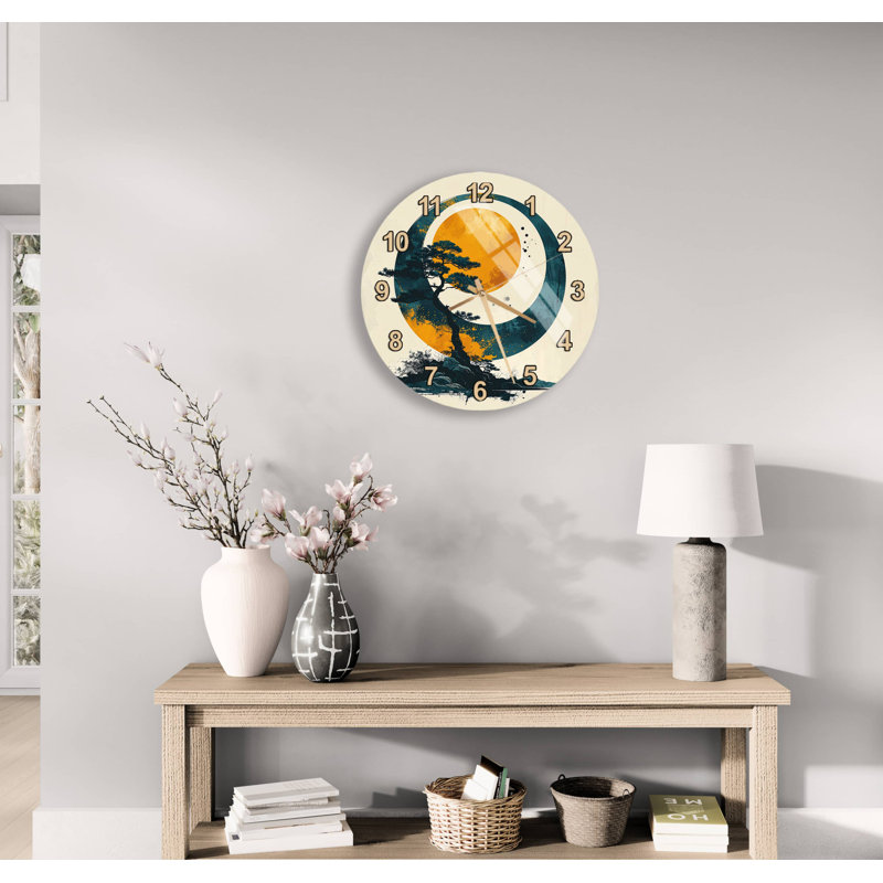 Horloge murale japonaise en verre trempé Zen Bonsai japonais, décor de lune asiatique moderne, montre à chiffres romains dorés, cadeau de pendaison de crémaillère unique