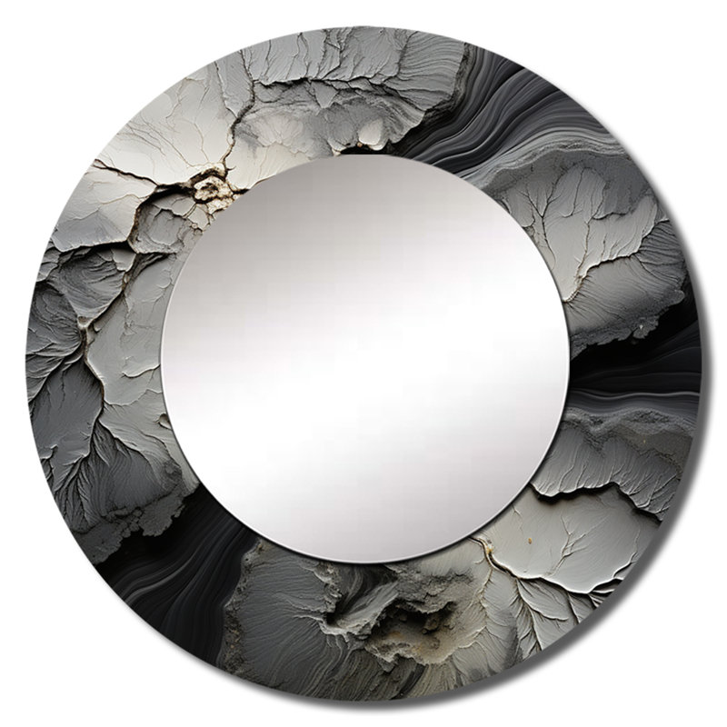 Shattered Grey Stone Geode Minimalism - Stone Geode Decorative Mirror, Traditional Round Wall Mirror, Printed Metal Art