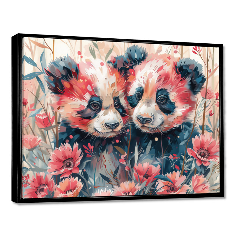 Rose et noir, Pandas, prairie I - Panda, art mural, Cadre noir, H 16 po x l 32 po