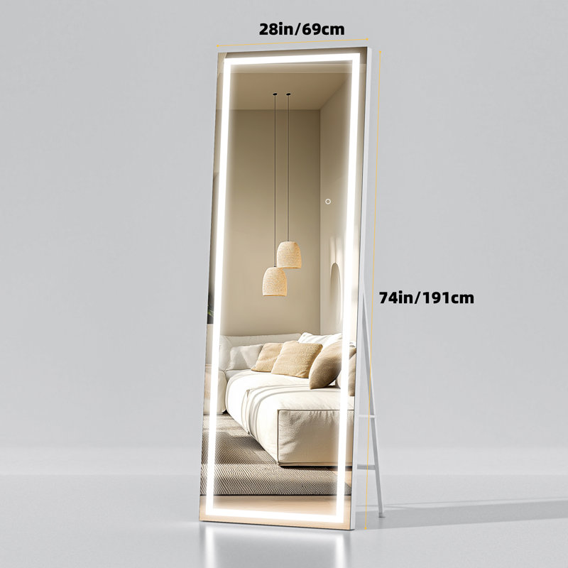 Modern & Contemporary Lighted Full Length Mirror with Temepered Glass & 3 Years Warranty, White, 74" x 32"