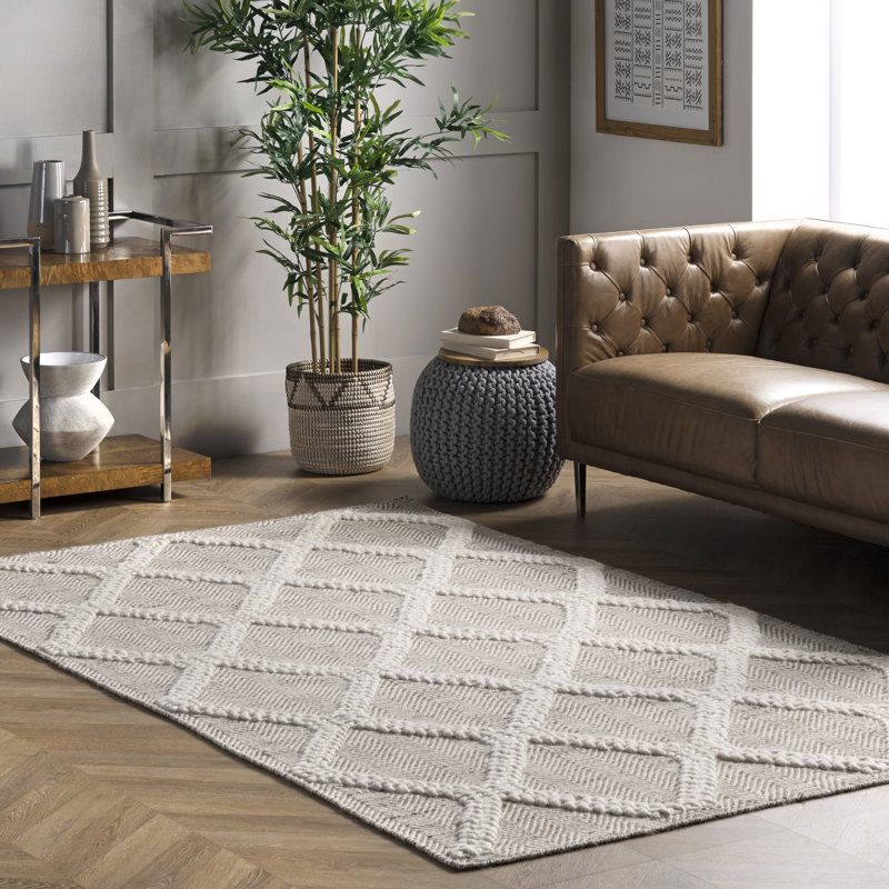 Tapis beige / ivoire en laine à motif treillis texturé River, Rectangle 5 pi x 8 pi