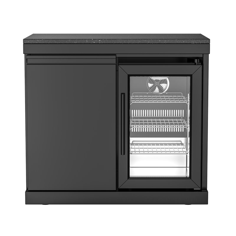 Armoire combinée de réfrigérateur d'extérieur en acier inoxydable noir avec comptoir en granit noir, porte de rangement, roues, 2,4 pi³ Pi. Capacité