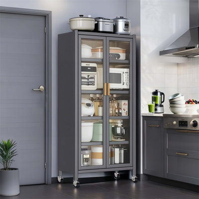 65 Inch Kitchen Pantry Storage Cabinet with Transparent Doors, Adjustable Shelves, and Wheels for Versatile Use in Home Spaces