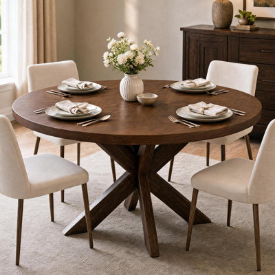 Table de salle à manger ronde de 47 pouces pour 4 personnes, table de cuisine circulaire avec pied en X et piédestal en bois, table ronde de style campagnard pour salle à manger, cuisine, salon, appartement, bureau, noir