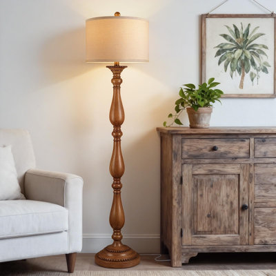 Lampe sur pied rétro pour le salon, lampe sur pied rustique avec interrupteur rotatif et abat-jour en lin, lampe sur pied en résine rétro pour chambre à coucher, coin, salle à manger, décor de maison, grain de bois