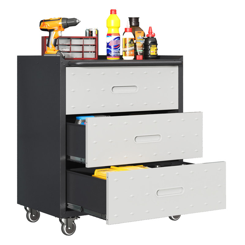 Heavy-Duty 3 Drawer Metal Cabinet With Wheels - For Garage, Office, Home Storage. Black/Gray. 29.89"W X 16.11"D 34.88"H. Industrial Grade Steel. 360 Rotatable & Lockable Wheels. Large Compartments.