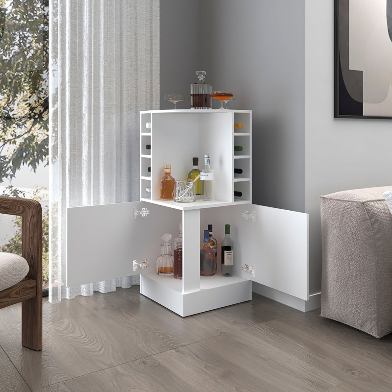 Toyei Corner Bar Cabinet with Bottle Rack, Open Shelves, and Hidden Storage, White