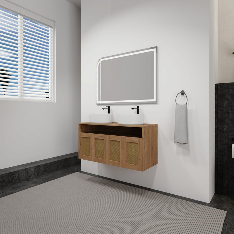 Meuble-lavabo 48 po avec lavabo d'art en céramique blanche, porte à fermeture douce 4 po, montage flottant, contreplaqué (emballage Kd)