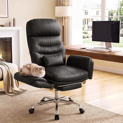 Cross Legged Office Chair with 180° Flip Armrest and Footrest, 155° Reclining, Wide Seat, 4 Headrest Angles, Big and Tall Desk Chair, 400 lbs,  Scratch Resistant PU Leather, Black