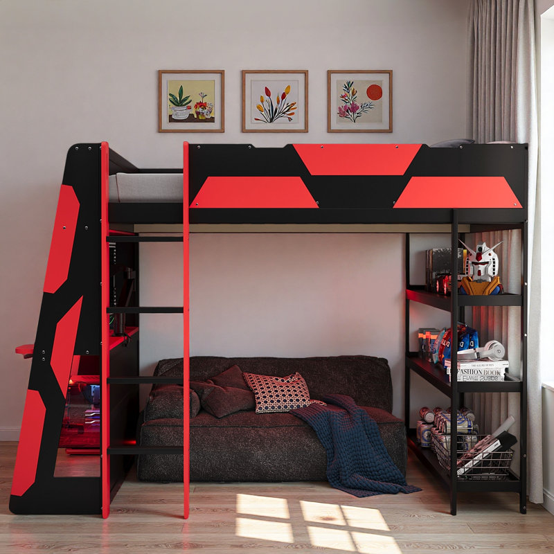 Gaming Loft Bed With Desk, Shelves And Led Lights, Red