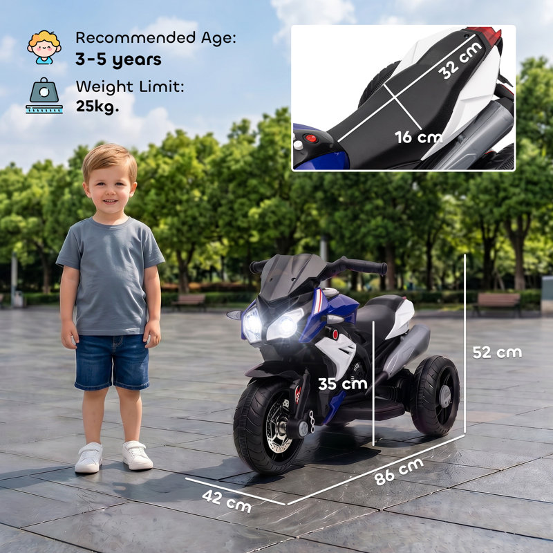 HOMCOM Kids Electric Motorcycle with 3 Wheels, Headlight, Music, Horn, Blue
