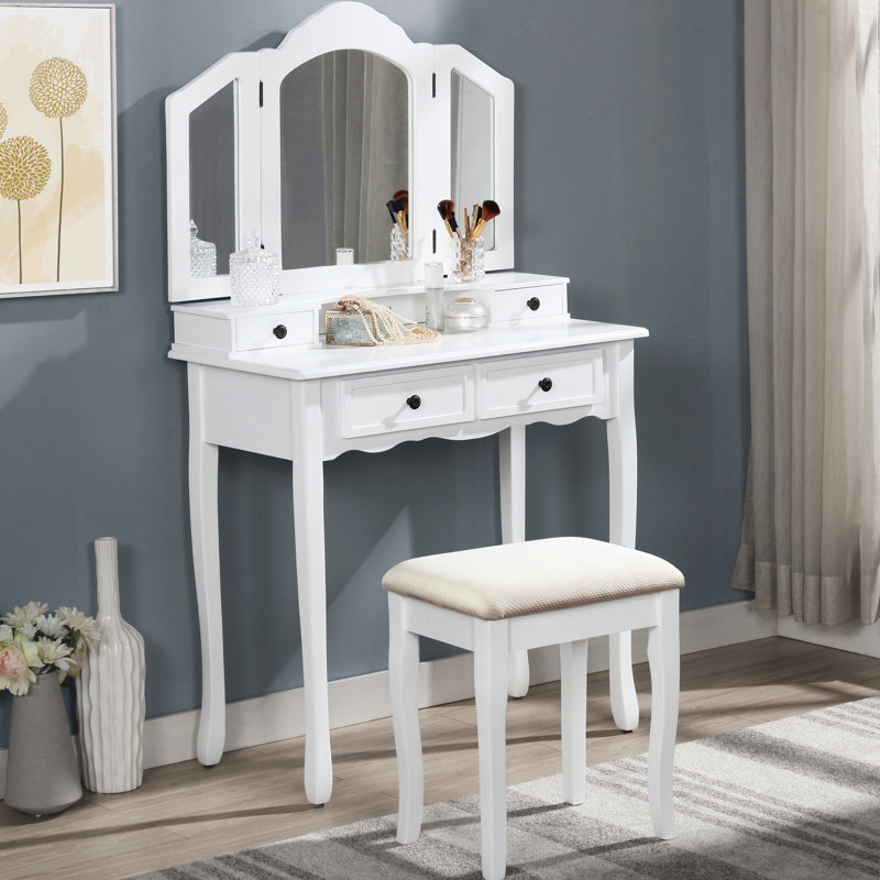 Coiffeuse en bois blanc, finition antique, banquette rectangulaire, tiroirs spacieux et confortables