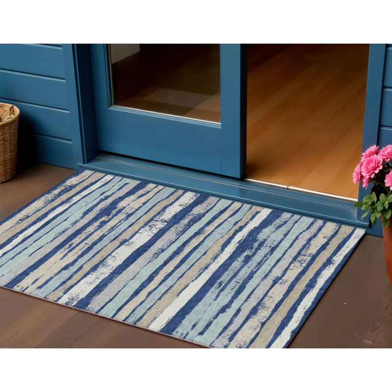 Tapis extérieur lavable rayé bleu marine 3 pi x 5 pi