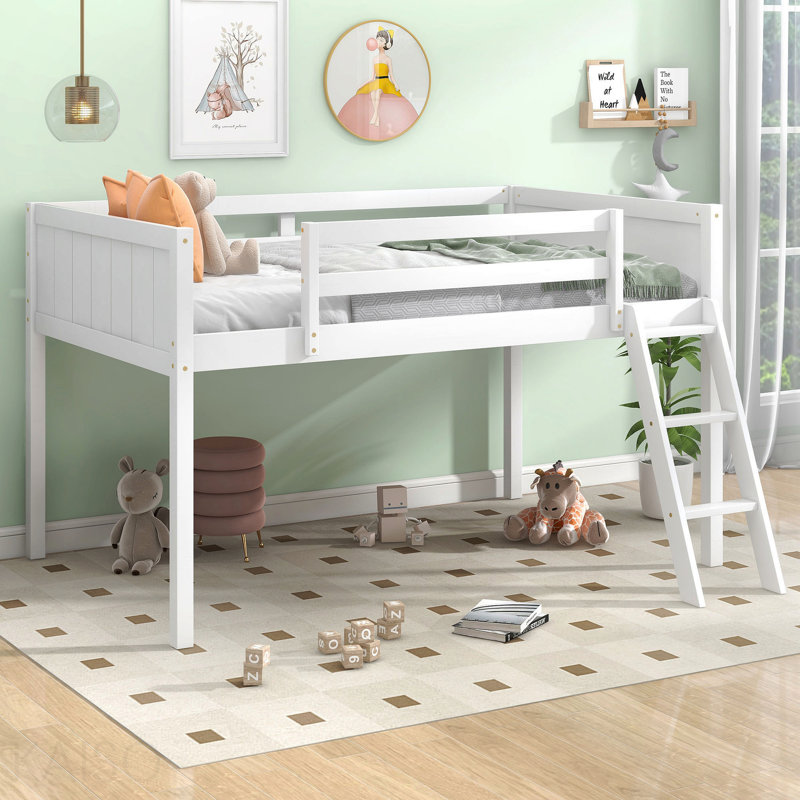 Lit mezzanine bas simple en bois avec échelle, l'échelle peut être placée à gauche ou à droite, blanc, Blanc
