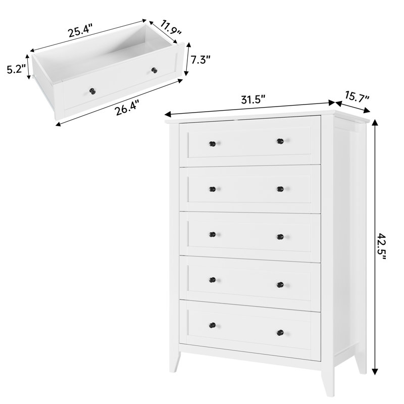 Commode 5 tiroirs pour chambre à coucher, Blanc