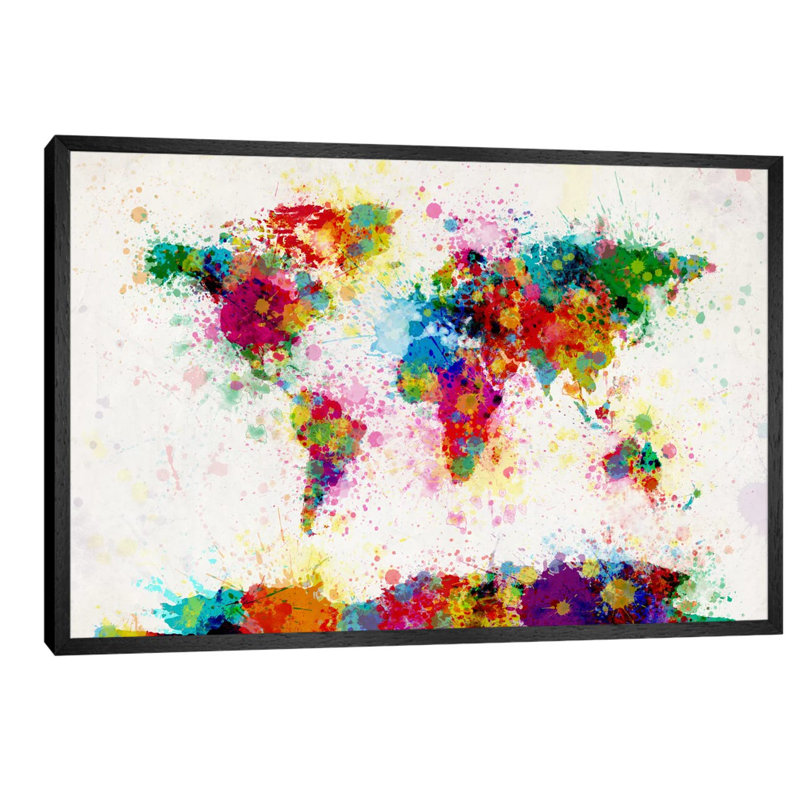 World Map Paint Drops III by Michael Tompsett - Painting on Canvas, 152.5 cm H x 101.5 cm W, Black Framed