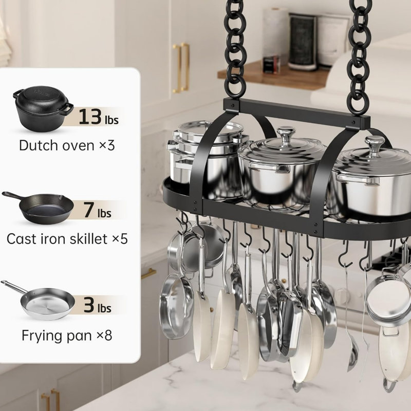 Support à pot noir mat avec 20 crochets en S, support à casseroles suspendu pour casserole ovale de cuisine et support à casseroles