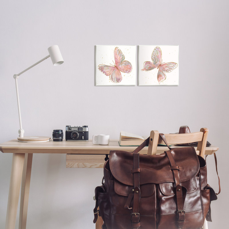 "Pink & Glam Butterflies Nature", ensemble de 2 plaques murales par Nan, Mdf, L 12 po x H 12 po x P 0,5 po