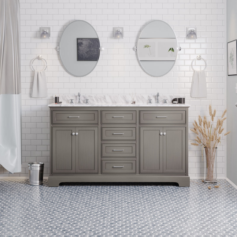Ensemble de meuble-lavabo double 60 po Ronnie, Marbre de Carrare, Gris patiné